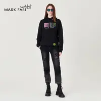 MARKFAST设计师品牌黑色纯棉印花连帽卫衣情侣款秋M1CGU25250