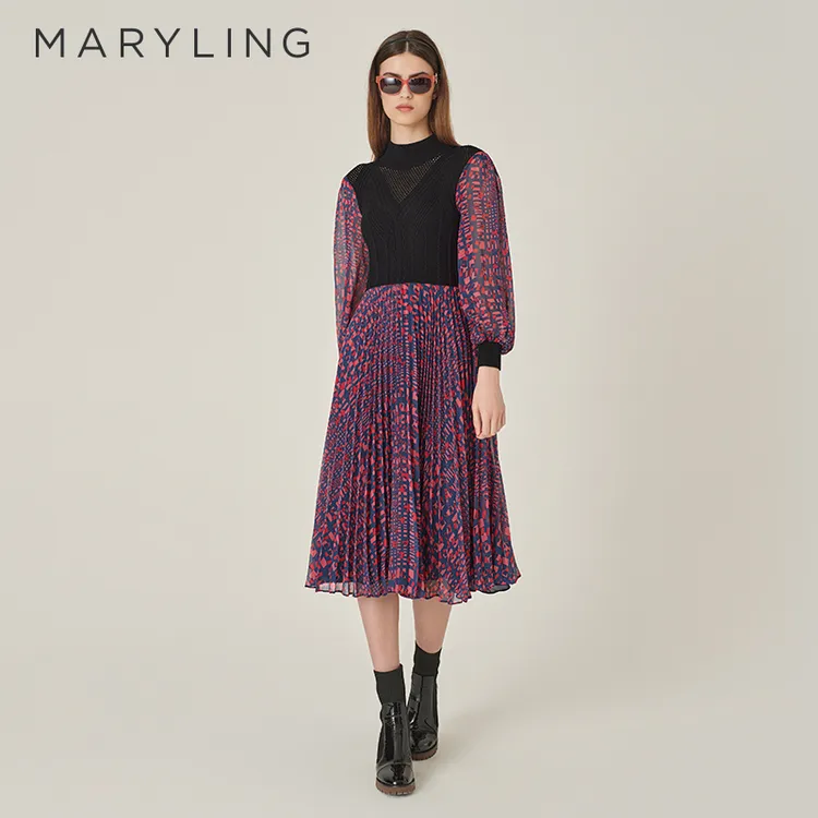 MARYLING玛俪琳秋冬复古优雅蓝红压褶印花大裙摆连衣裙A1EHW62880