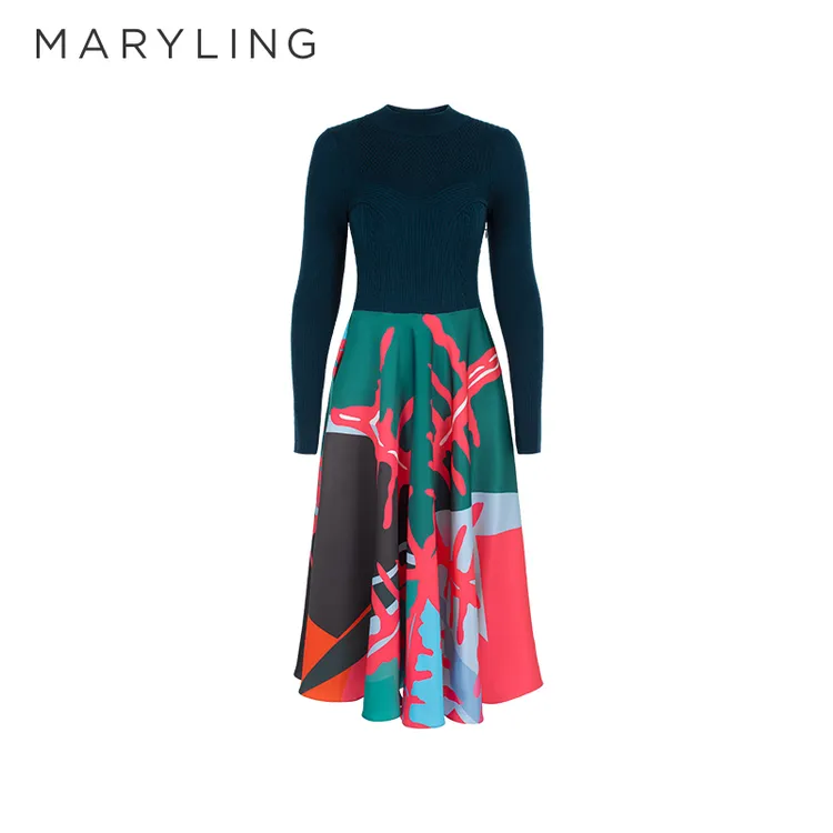 MARYLING玛俪琳2024冬季新品粉绿色艺术画针梭连衣裙A1EIW62690
