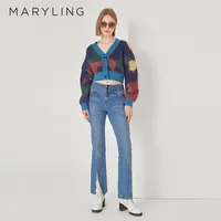 MARYLING玛俪琳冬季时尚优雅蓝彩涂鸦V领短款针织开衫A1DHW08500