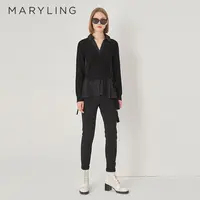MARYLING玛俪琳冬季衬衣领拼接毛衫侧绑带收腰针织上衣A1DIW26480