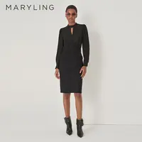 MARYLING玛俪琳秋性感优雅黑色镂空领收腰泡泡袖连衣裙A1DGW62400