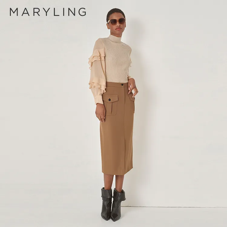 MARYLING玛俪琳秋季浪漫温柔女人味浅驼色高领针梭上衣A1DGW26440