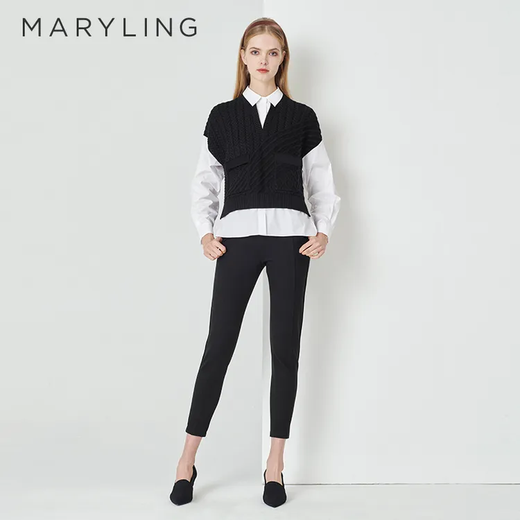 MARYLING玛俪琳春秋休闲经典黑白假两件上衣羊毛针织衫A1DAW03050