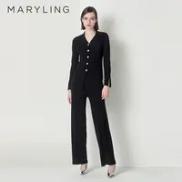 MARYLING玛俪琳秋季黑色修身V领开衫钮扣针织羊毛衫A1CGW08880