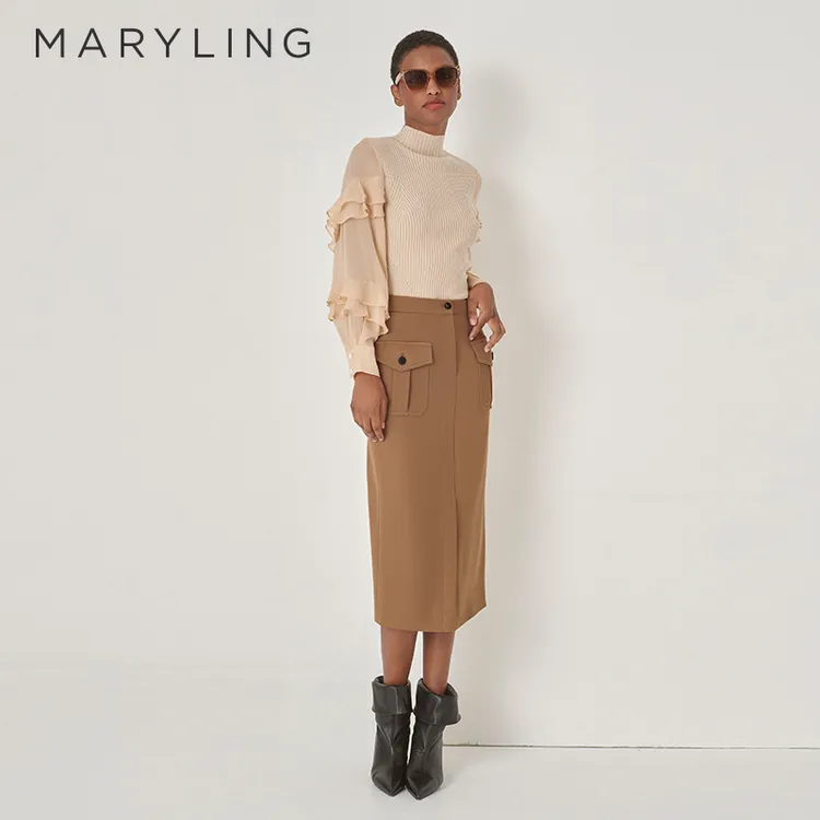 MARYLING玛俪琳初秋沙色工风设计前中开叉半身裙女A1DGW72270