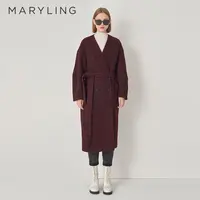 MARYLING玛俪琳冬季无领双排扣宽松H廓形长款系带大衣A1DHW93140