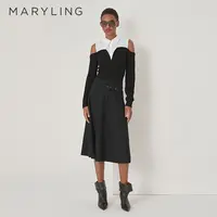 MARYLING玛俪琳秋季气质黑白撞色衬衫领露肩针梭上衣A1DGW26420