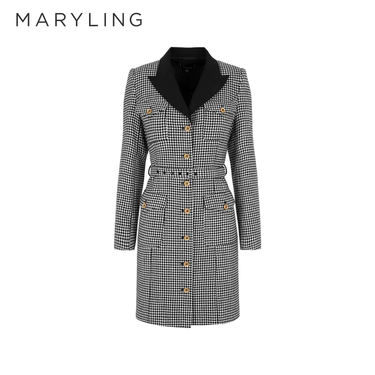 MARYLING玛俪琳2024秋季雅丹风黑白千鸟格西装式连衣裙A1EGW61660