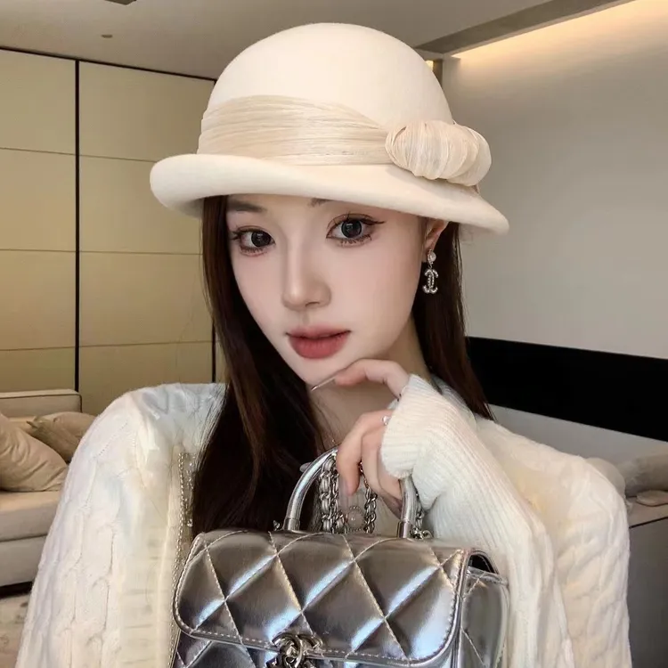新款100%纯羊毛女秋冬法式千金风优雅盆帽真丝麻短檐卷边礼帽