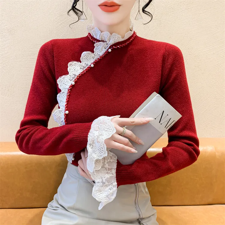 蕾丝花边半高领针织衫女秋冬2024新款内搭毛衣打底衫修身长袖上衣