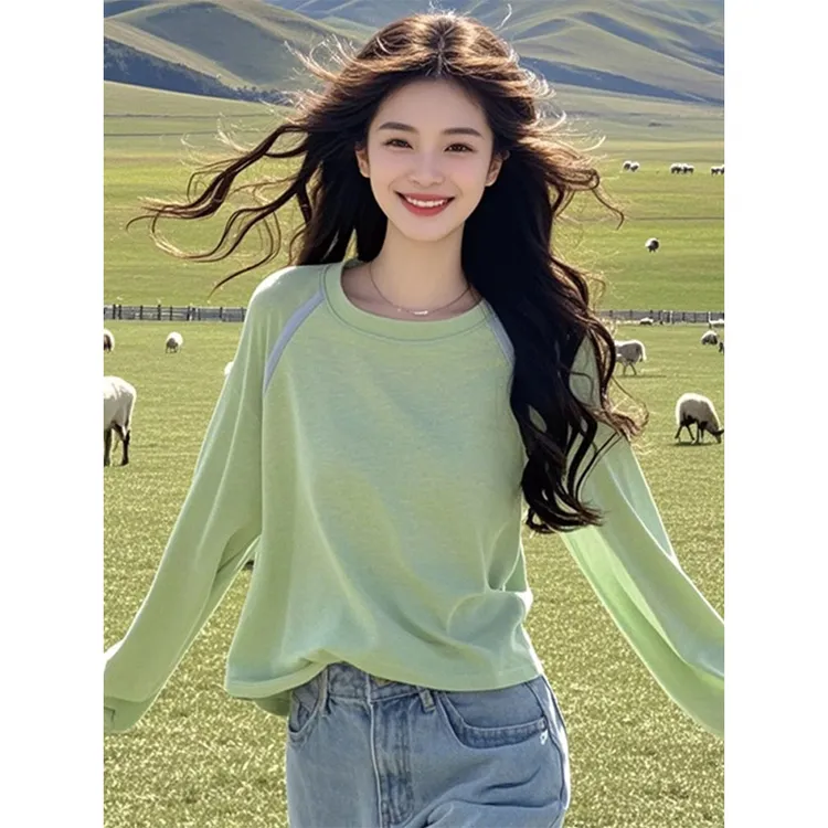 2025早秋新款小个子松弛宽松打底衫时尚独特别致绿色长袖t恤上衣