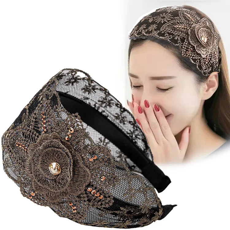 蕾丝发箍女宽边带齿花朵发卡成人简约加宽头箍遮白发神器时尚头饰