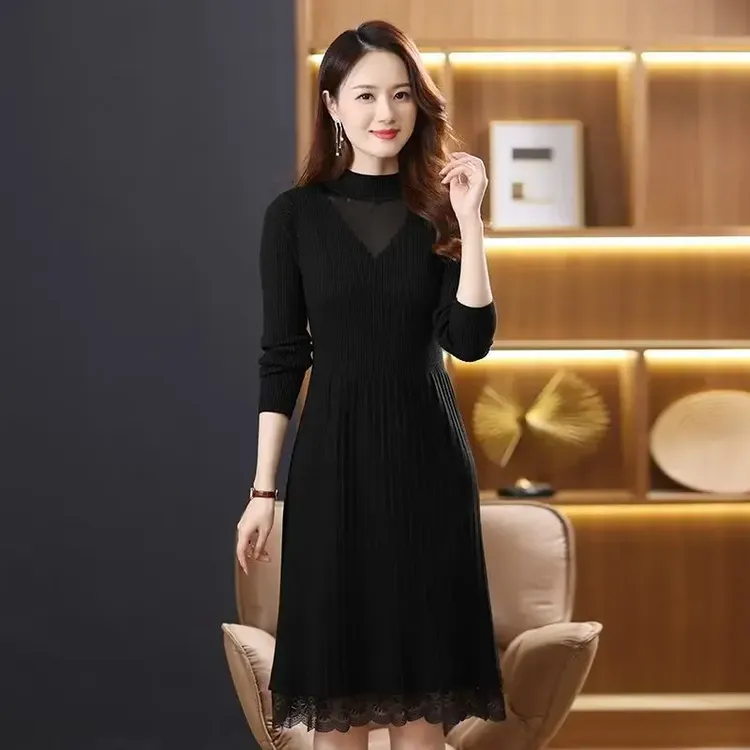 秋冬配大衣中长款女装蕾丝针织连衣裙过膝气质百搭黑色显瘦打底裙