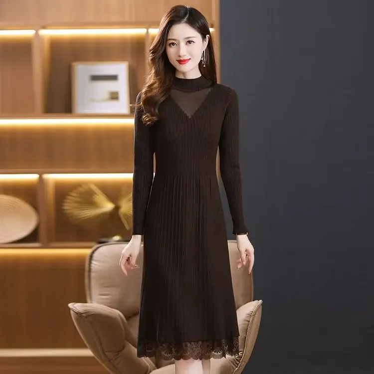 大码中长款蕾丝针织春秋修身连衣裙过膝气质百搭黑色显瘦打底裙子