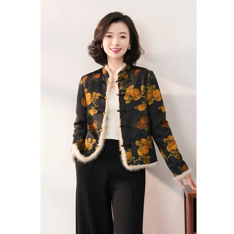 西子/【柿柿如意】仿香云纱拼水貂毛柿子纹样夹棉棉服外套/WTBH677