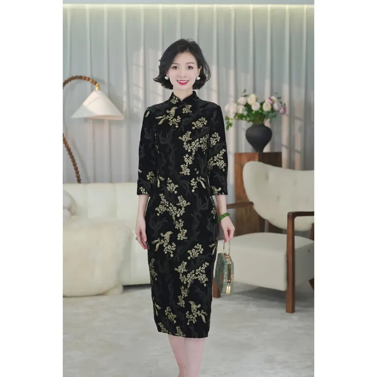 西子/【锦瑟】新中式刺绣提花丝绒暗纹连衣裙中国风旗袍/QPBH018