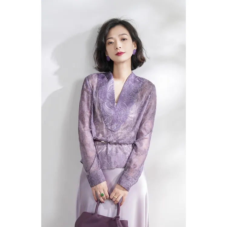 西子/【墨染丁香】桑蚕丝顺纡古早炒色刺绣古典套头衬衫/CSLL354