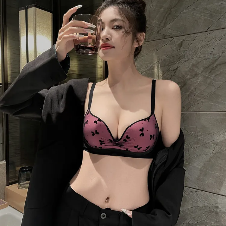 蝴蝶结文胸内裤套装新款爆款无痕内衣女小胸聚拢刺绣蕾丝性感胸罩