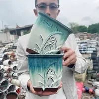 口15高15兰花方绿色两个紫砂花盆浮雕花