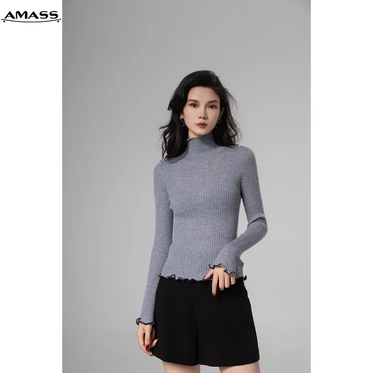 AMASS/阿玛施 秋冬百搭黑色高领毛衣花边显瘦打底针织衫女5399651