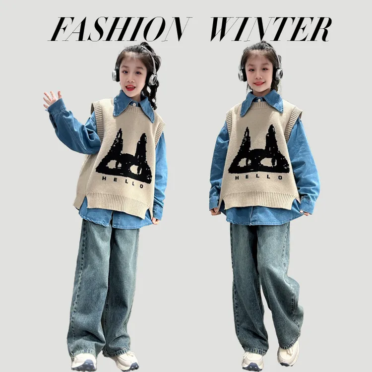 女中大童6-16岁春秋卡通衬衫马甲2024新款韩版儿童宽松休闲三件套