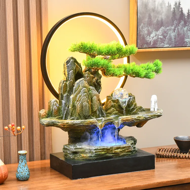 新中式迎客松假山流水喷泉摆件客厅玄关室内循环水装饰开业乔迁礼