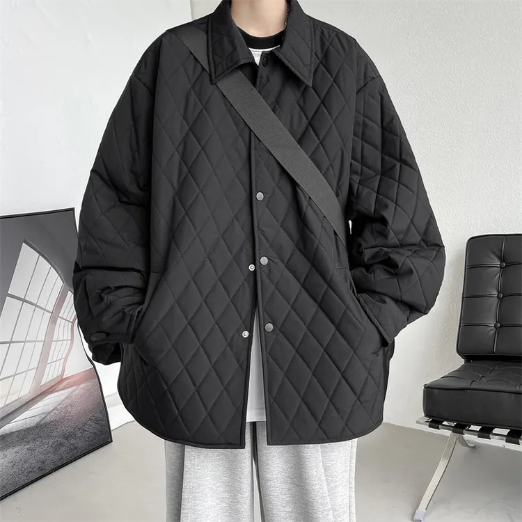 秋冬新款菱形格轻薄棉衣宽松外套男女棉衬衣薄棉外套