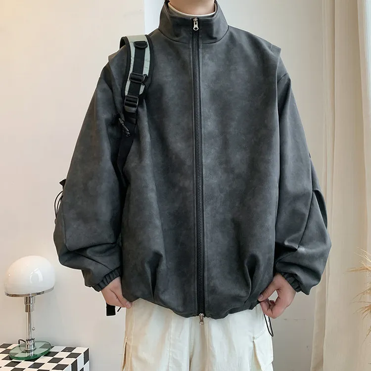新款宽松机能风磨砂皮衣皮夹克男休闲百搭痞帅上衣外套潮流港风