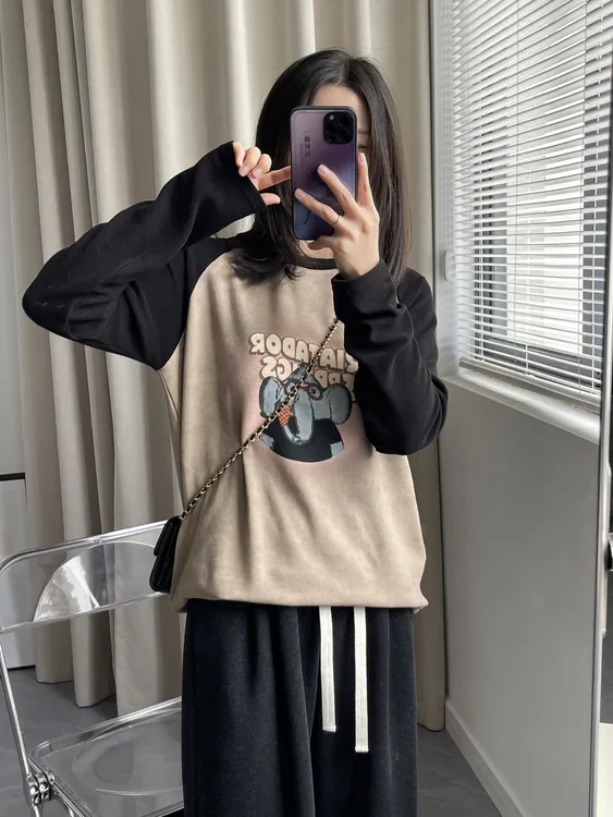 MINXI【小飞象】秋冬加厚双面绒宽松圆领长袖T恤休闲卡通印花打底衫