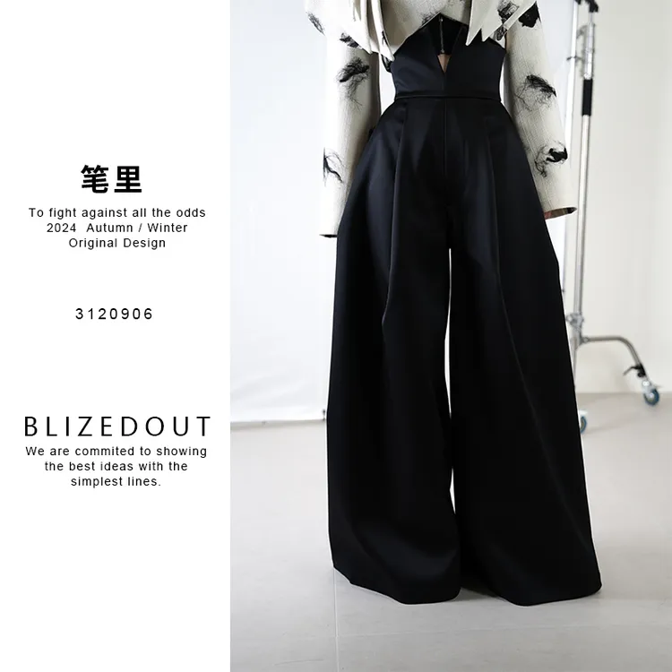 笔里【BLIZEDOUT】原创黑色超高腰开衩廓形设计垂感阔腿裤3120906