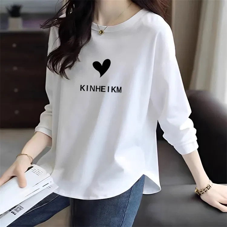 100%纯棉小众弧形长袖t恤女士春秋季新款宽松显瘦白色内搭打底衫