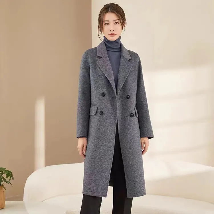 24新款秋冬新款高级感长款100%羊毛外套长款毛呢双面呢大衣女春秋