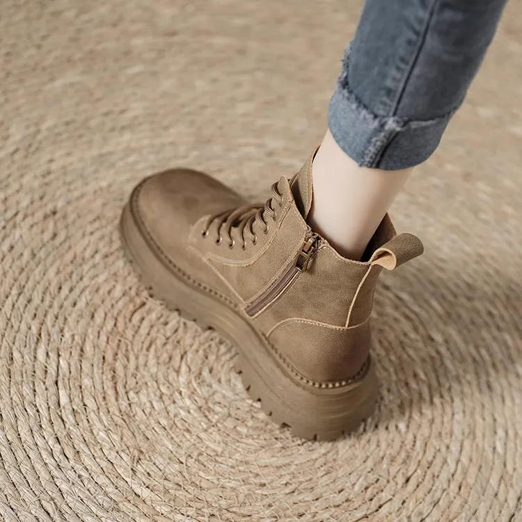 欧洲站厚底马丁靴秋季2025新款短筒系带英伦风休闲百搭加绒靴子潮