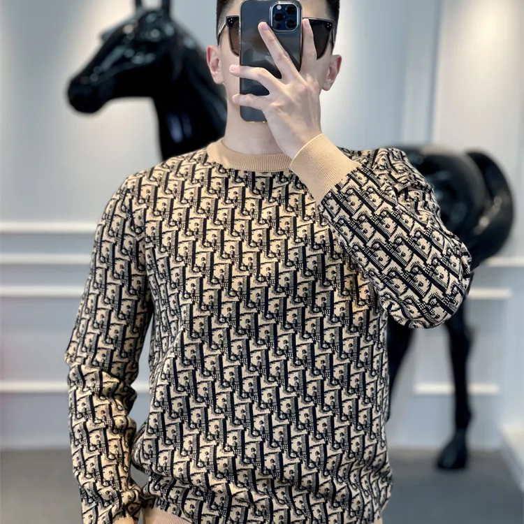 冬季毛衣男士时尚提花潮流高品质字母绣花百搭修身加厚打底针织衫