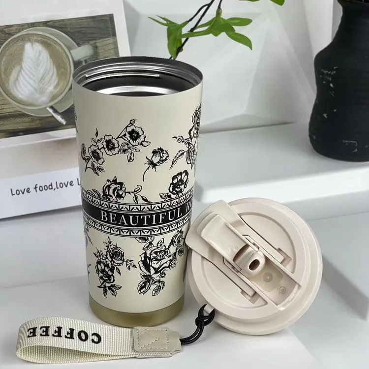 新款情侣玫瑰咖啡杯316内胆双饮杯带盖保温保冰咖啡杯
