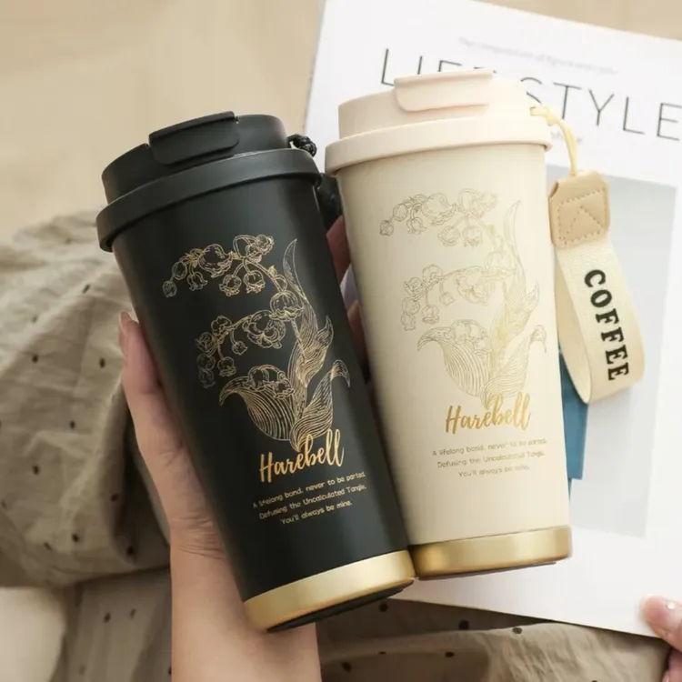 新款情侣铃兰花烫金咖啡杯316内胆双饮杯带盖保温保冰便携咖啡杯