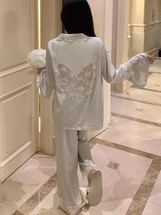 法式睡衣女春秋季新款长袖夏季冰丝蝴蝶露背设计感小众洋气家居服