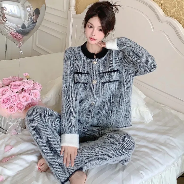 半边绒睡衣女秋冬2025新款小香风甜美加厚套装冬季爆款外出家居服