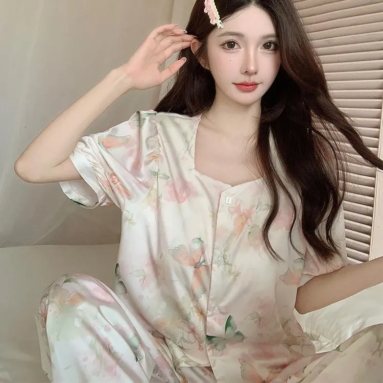 2025新款冰丝睡衣女套装夏季短袖长裤甜美夏天带胸垫家居服可外穿