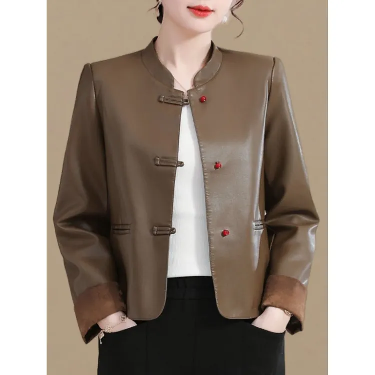 新中式短款皮衣外套女春秋2024新款时尚立领复古休闲宽松夹克上衣