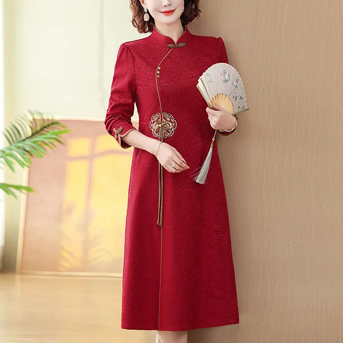 婚宴喜婆婆连衣裙旗袍裙2024春秋改良旗袍新款裙子洋气妈妈婚礼服
