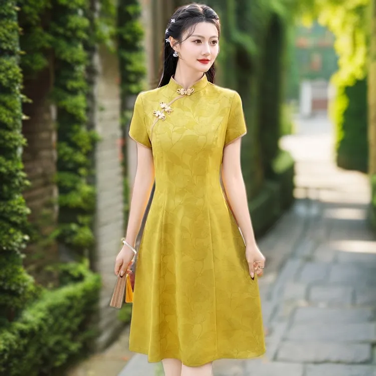 黄色中式送考旗袍妈妈装夏季新款旗袍女高档醋酸缎改良旗袍连衣裙