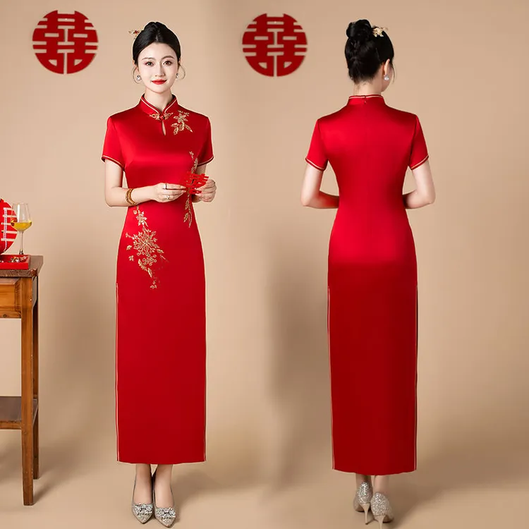 喜婆婆礼服结婚敬酒妈妈装红色新中式订婚旗袍婚宴装高端醋酸长款