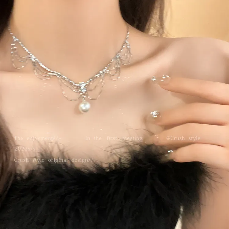 铜合金合成锆石项链 LDLC美拉德五金少女配饰微醺氛围贝珠锁骨链