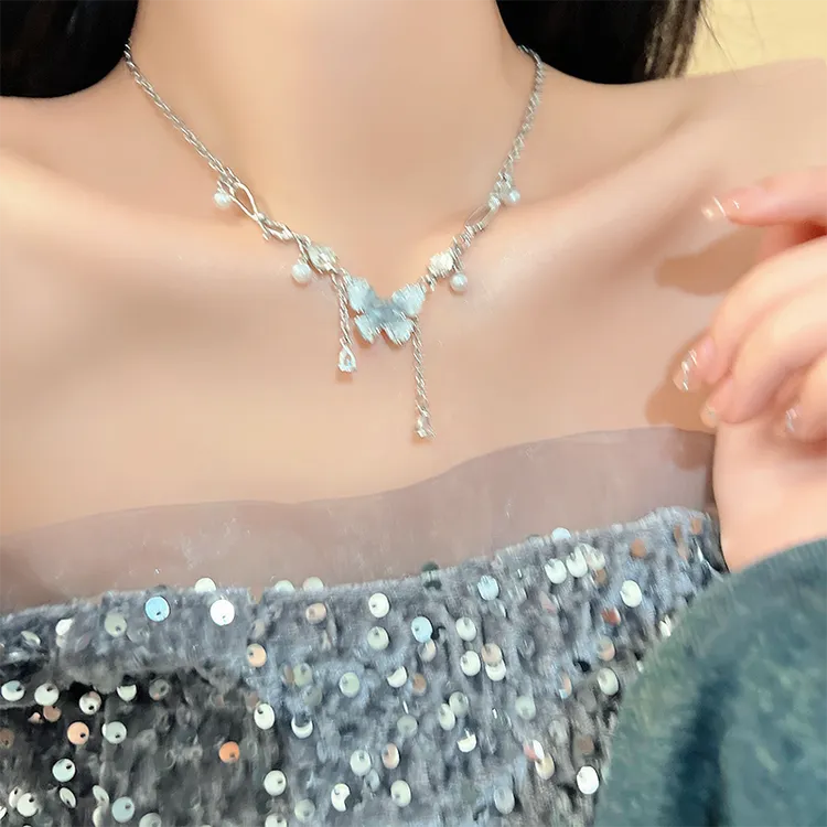 钛钢仿珍珠项链 LDLC蝴蝶流苏贝珠锁骨链女夏辣妹颈链高级感配饰