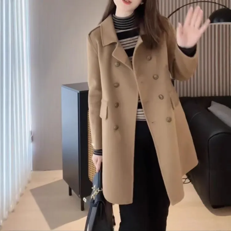 新款时尚翻领双排扣外套显瘦大衣女