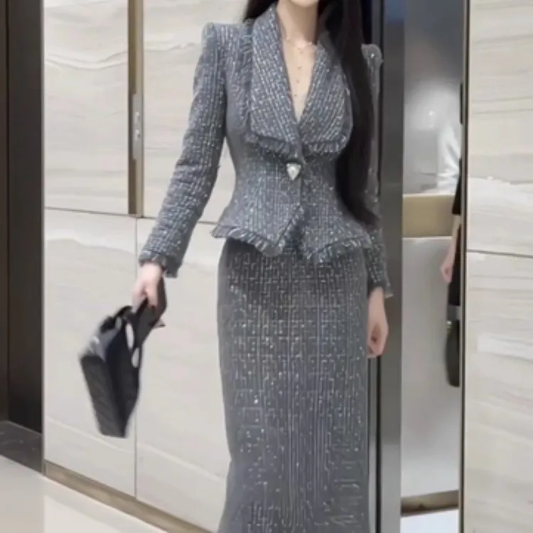 秋冬新款法式小香风气质显瘦外套+半身裙套装