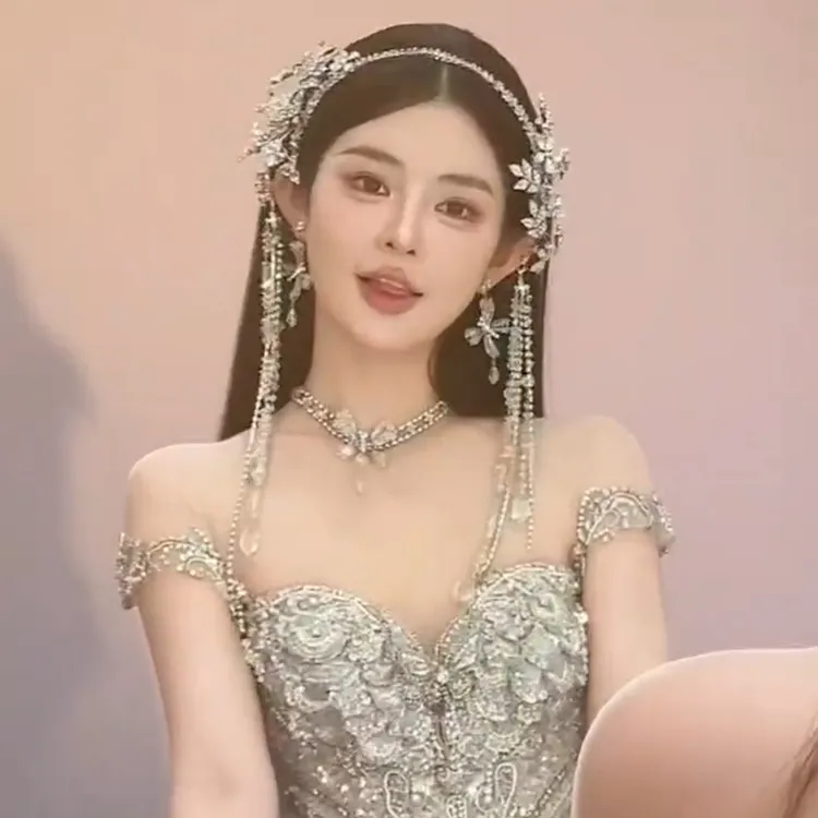 合金婚庆饰品 7705 新娘流苏发箍轻奢时尚百搭新娘配饰套组简约