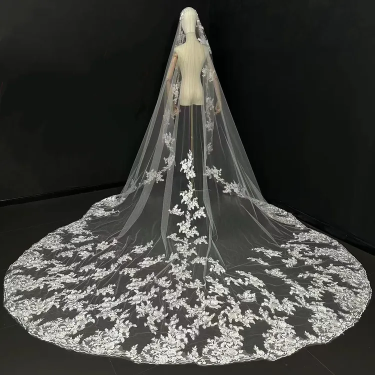 1328 重工蕾丝长款拖地头纱新娘结婚主纱婚礼仪式户外影楼拍摄